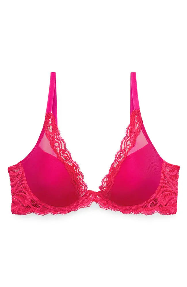 Natori Women's Feathers Contour Plunge Bra - Sheer Lace & Mesh Deep Plunge Bra, Adjustable Straps